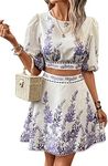 Floerns Women's Two Piece Outfit Boho Lantern Sleeve Blouse Top with Skirt Set White and Purple S