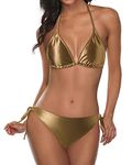 Tempt Me Women Triangle Bikini Sets Halter Two Piece Sexy Swimsuit String Tie Side Bathing Suit, Metallic Gold, Large