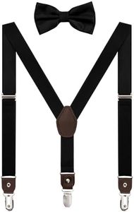habibee Suspender and Bow Tie Set for Men Adjustable Braces with Y Back, Diverse Colors, Strong Clips (1, Black with Brown Leather)