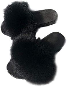 LVCOMEFF Women Real Fox Fur Sandals Slides Neon Green Orange Color Slippers Summer Fluffy (black, numeric_8)