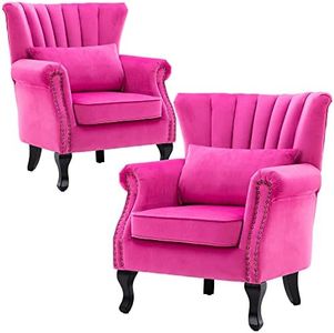DM Furniture Velvet Accent Chairs Set of 2 with Arm Comfy Living Room Chair Mid-Century Modern Wingback Side Chair Single Sofa Couch for Bedroom Guest Room, Rose Pink