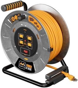 Masterplug 100ft Cord Reel, Metal Cable Drum, Retractable Extension Lead with Winding Handle, Safety Overload Circuit Breaker and Power Switch, 4x Grounded Outlets, 15amps, 12AWG Cable