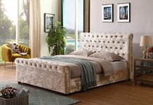 Opulence Dream Upholstered Crushed Velvet Sleigh Chesterfield Diamante Tufted Ottoman Gas Lift Storage Bed Without Mattress– (Double - 4.6FT)