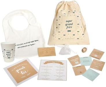 Kit du super grand frère, pochon avec cadeaux : toupies, bavoir, graines à planter, carte, 10 règles d'or, bons pour...