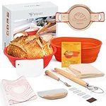 DOQAUS Sourdough Bread Proofing Basket & Starter Kit, Including 9" Round & 10" Oval Silicone Banneton Proofing Basket and Baking Mat, Bread Lame, Bowl & Dough Scrapers, Danish Whisk and Linen Liners