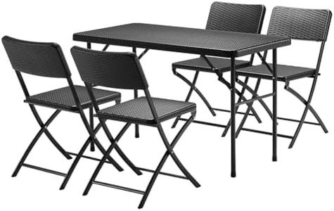 BAKAJI Set Tavolo Pieghevole con 4 Sedie in Polyrattan, Arredo da Pranzo Struttura in Acciaio e Tavolino Rettangolare 120 x 60 per Esterno, Patio, Balcone, Giardino, Terrazzo (Nero)