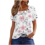 Womens Summer Casual Floral T Shirts Loose Short Sleeve Tunic Top Square Neck Pleated T-Shirt Blouse for Leggings Classic Tops Ladies Tops Summer Going Out Tee Shirts UK Size