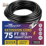 75ft Power Outdoor Extension Cord & Indoor - Waterproof Electric Drop Cord Cable - 3 Prong SJTW, 10 Gauge, 15 AMP, 125 Volts, 1875 Watts, 10/3 by LifeSupplyUSA - Black (1 Pack)