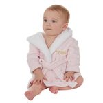 Metzuyan Personalised Baby Dressing Gown Sherpa Lined Hood Unisex Baby Girls Baby Boys Bathrobe Pink Circle Front Left Side Gold Thread 0-6 Months