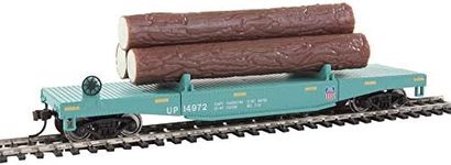 Walthers Trainline HO Scale Model Log Dump Car with 3 Logs - Union Pacific #14972 (Mow Scheme, Green, Yellow Conspicuity Marks)