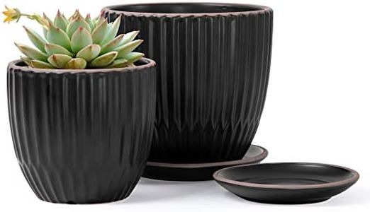 D'vine Dev Set of 2 Stoneware Planter Pots, Ceramic Pot with Drainage Hole and Saucers, 4.5 Inch 5.8 Inch, Black, 99-D-2