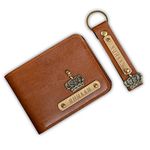 The Junket Personalized Wallet+Keychain for Men | Customized Slim Stylish Leather Name Wallet with Charm | Unique Birthday Anniversary Gift for Men Boy Love Husband Clients Employees (Tan)