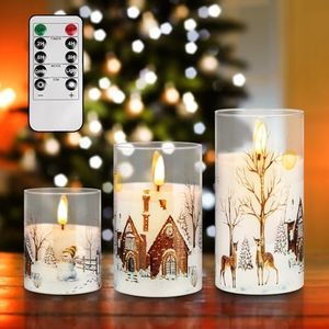 Christmas LED Glass Flameless Candles with Remote and Timer, Real Wax Battery Operated Candles Warm Color Flickering Light for Festival Home Party Decor(Pack of 3)-White