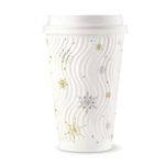 HAKOWARE [100 Sets]16 oz White Snowflake Disposable Coffee Cups, Insulated Ripple Wall Paper Cups with Lids, Christmas Gold and Silver Foil, Coffee Tea Hot Chocolate Drinks to go