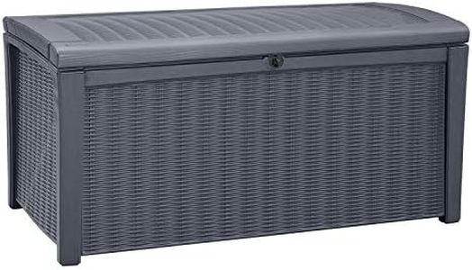 Keter Borneo 110 Gallon Weatherproof Plastic Backyard Patio Storage Deck Box, Outdoor Cushion Furniture, Toy, and Garden Organization Container, Grey