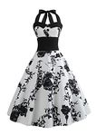 YMING Womens 1950s Prom Dresses Evening Cocktail Dress Elegant Swing Dress with Belt White BLK Flower L