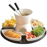 Nestasia White Wood and Ceramic Fondue Set for Serving Starters (Includes: 1 Wooden Tray, 4 Plates, 4 Skewers, 1 Stand, 1 Tea Light Candle, 1 Fondue Pot with Burner)