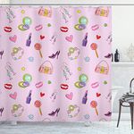 Ambesonne Teen Girls Decor Shower Curtain Set, Cute Girlish Illustration with Fashion Acessories and Makeup Lollipop Flower, Bathroom Accessories, 69W X 70L Inches