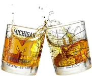 University Of Michigan Whiskey Glass Set (2 Low Ball Glasses) - Contains Full Color Wolverines Logo & Campus Map - MU Wolverines Gift Idea for College Grads & Alumni - College Cocktail Glassware