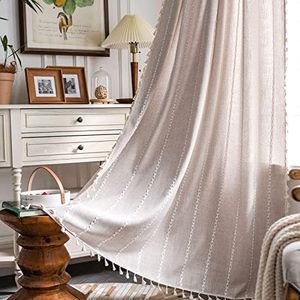 2 Panels Boho Curtains Embroidery Linen Curtains 96Inch Length for Living Room, Coffee Light Filtering Farmhouse Curtains for Bedroom Rod Pocket Draperies 55" W x 96" L