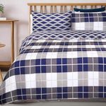 Imperial Rooms Double Duvet Cover Reversible Bedding Set (200 x 200 Cm) - 3 Piece Soft Brushed Microfiber Printed Quilt Cover with Pillowcases (Navy Check)