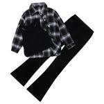 Girls 3 Piece Outfits Kids Cami Top + Flare Pants Set with Plaid Shirt Set Youth Girls Long Jacket Tanks Top Flare Leggings Bell Bottom Clothes