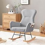 hansones Rocking Chair Nursery,Modern Accent Rocking Chair,Upholstered Nursery Glider Rocker for Baby,Rocking Chair Indoor for Living Room/Bedroom/Nursery(Beige) (Grey Teddy Fabric)