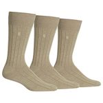 Chaps Men's Solid Rib Casual Crew Socks with Embroidered Logo (3 Pack), Khaki, Shoe 6-12/Sock Size 10-13