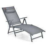 Multigot Folding Sun Lounger, 7-Level Adjustable Patio Sunbed Deck Chair with Removable Pillow & Armrests, Metal Frame Portable Reclining Chaise Lounger Camping Bed Cot for Outdoors (Grey)