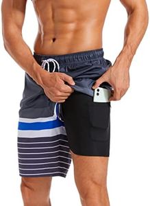 difficort Mens Swim Trunks with Compression Liner Quick Dry Bathing Suits Shorts with Zipper Pockets,Gray & White & Blue Stripe,XX-Large