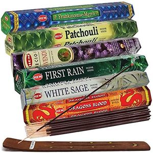 Hem Incense Sticks Variety Pack #23-120 Insence-Sticks (6 Incents x 20 Insense) + Incense Stick Holder with 6 Most Liked Scents Including Patchouli Dragons Blood White Sage Frankincense-Myrrh