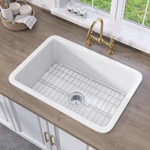 TUKTUK Undermount White Kitchen Sink 32 x19 Fireclay Farm Sink Drop-in Single Bowl Topmount Large & Deep Sink Luxury Accessory Kit Included