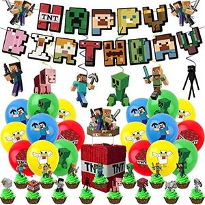 Deluisho Miner Gamer Theme Party Decoration, Birthday Decoration, Balloons Birthday Set Flag Pull Latex Aluminium Film Balloon Combination, Decorations for Children's Birthdays