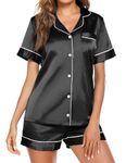 Ekouaer Women's Silk Satin Pajamas Set Button Down Sleepwear with Shorts Summer 2 Piece Set (Black,M)