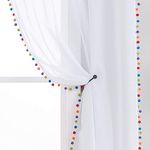 Treatmentex White Sheer Curtains Multi Colorful Pom Pom Sheer Drapes 63inch inches Long Window Draperies for Nursery Room Bed Canopy 2 Panels Rod Pocket