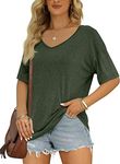 MIROL Women's Half Sleeve T Shirts Fashion V Neck Oversized Loose Tops Solid Casual Basic Blouses, Olive, Large