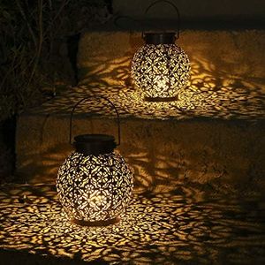 Tomshine Juego de 2 farolillos solares para, luz colgante de jardín solar IP44 resistente al agua, farol solar de jardín para patiosAdecuado para césped y porches[Clase energética A++]