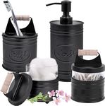 Autumn Alley Rustic Bathroom Accessories Set 4 - Black Farmhouse Soap Dispenser, Rustic Toothbrush Holder, 2 Apothecary Jars Qtip Holder - Rustic Bathroom Decor – Farmhouse Bathroom Accessories