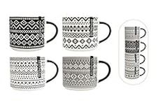 YöL Set of 4 Stacking Mugs Coffee Tea Cups Aztec Black Cream Grey Bone China Large