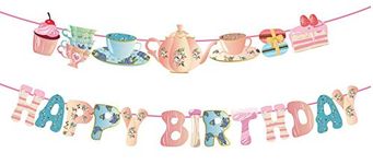 Qpout Tea Happy Birthday Banner Hanging Garland Lets Par Tea Teapot and Teacup Birthday Banner for Alice in Wonderland Tea Party Decorations Birthday Party Favor Supplies Photo Booth Backdrop