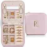 Vlando Travel Jewelry Box for Girls Women, Initial Jewelry Organizer Box Travel Must Haves Jewelry Case for Girls, Necklace Earrings Ring Box Travel Gifts for Sister Daughters - Letter R, Pink