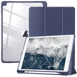 TiMOVO Case for New iPad 9th Generation 2021/8th Gen 2020/7th Gen 2019 with Pencil Holder, Slim Protective Case with Clear Back Shell & Auto Wake/Sleep for iPad 10.2" Case, Navy Blue