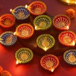 TIED RIBBONS Pack of 12 Large Handmade Clay Diwali Diyas Earthen Oil Lamp Diwali Diya for Diwali Decoration Item Home Puja Office Pooja Room Mandir Temple Table Diwali Decor (Multi, 7.8 cm x 2.5 cm)