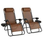 Sedol Zero Gravity Chairs Set of 2 - Heavy Duty Textoline Outdoor Gravity Chair - Reclining & Folding Garden Chairs with Cup Holder and Headrest - Sun Loungers for Garden, Decking, and Patio (Brown)