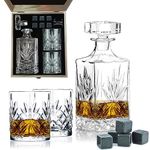 Flow Barware Classic Whiskey Decanter & Whiskey Glasses Gift Set | Includes 750ml Whisky Decanter, Whiskey Glasses Set Of 2 With Whisky Stones & Wooden Display Box | Whiskey Gift Sets For Men