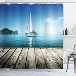 Ambesonne Sailboat Nautical Decor Shower Curtain Set, Yacht from Wooden Deck Horizon Serene Seascape Leisure Aquatic Coastal Theme, Bathroom Accessories, 75 Inches Long, Blue Brown