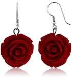 Gem Stone King 20MM 925 Sterling Silver Red Simulated Coral Carved Rose Flower Earrings