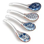 Tomtary 4Pcs Chinese Soup Spoons Ceramic Soup Spoons Japanese Retro Style Ramen Spoons Porcelain Asian Soup Spoon Set Long and Curved Handle Soup Spoon for Wontons Noodles Stews (Floral)