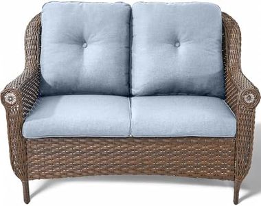 ACTREST Patio Loveseat Outdoor Wicker Sofa - Heavy Duty All-Weather Brown Rattan 2-Person Sofas with High Back and Comfortable Thick Cushions for Garden Back Porch Poolside Apartment - Baby Blue
