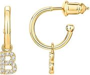 PAVOI 14K Yellow Gold Plated 925 Sterling Silver Post Huggie Earring With Initial Dangle |CZ Initial Huggie Hoop Earrings | Womens Cubic Zirconia "B" Initial Huggies